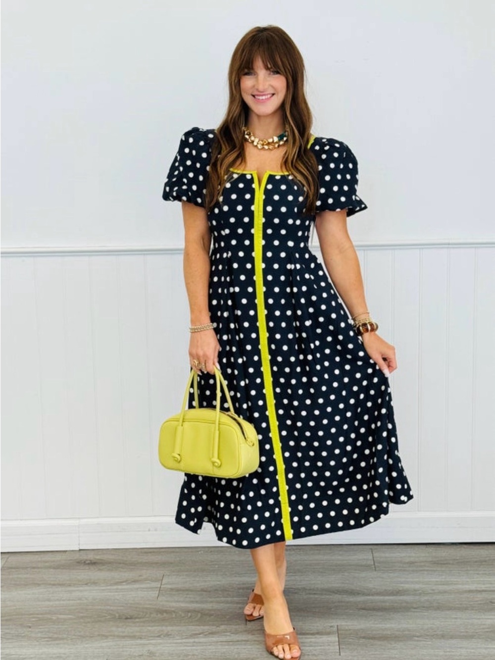 Entro Navy Polka Dot Midi Dress with Yellow Trim
